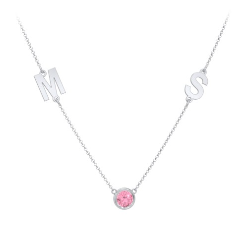 Personalized Initials Necklace with Bezel Set Birthstone – Sterling Silver with Pink Tourmaline