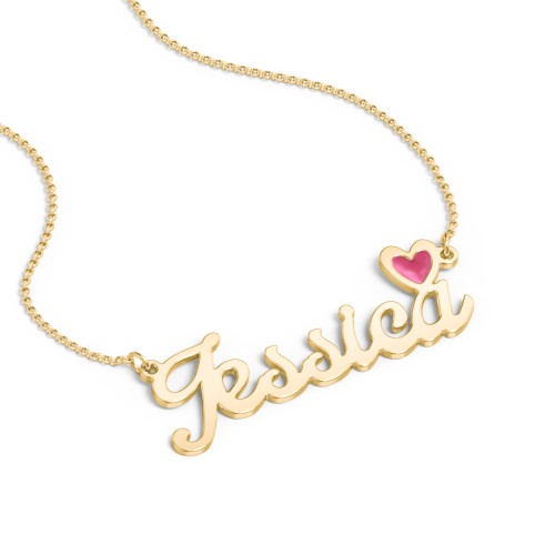 Personalized Name Necklace with Cold Enamel Heart – 10K Yellow Gold