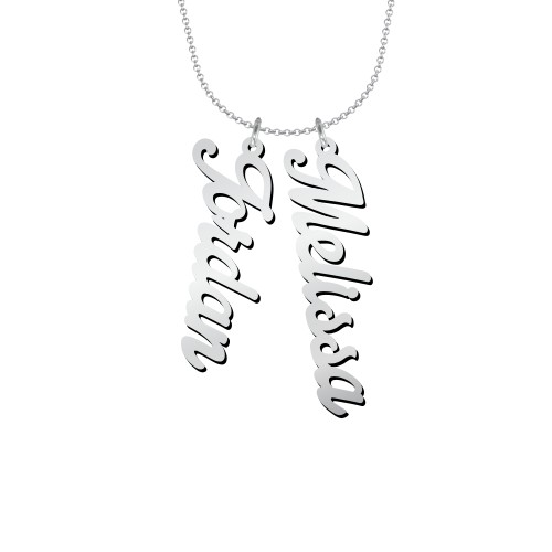 Personalized Vertical 2 Names Necklace in Glamorous Font – Sterling Silver