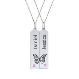 Engravable Butterfly Bar Necklace Set with Birthstones