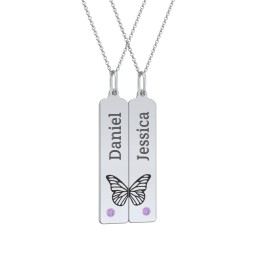 Engravable Butterfly Bar Necklace Set with Birthstones in 925 Sterling Silver with Amethyst