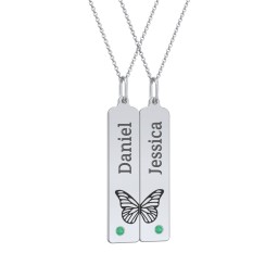Engravable Butterfly Bar Necklace Set with Birthstones in 925 Sterling Silver with Emerald