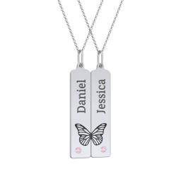 Engravable Butterfly Bar Necklace Set with Birthstones in 925 Sterling Silver with Pink Tourmaline