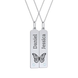Engravable Butterfly Bar Necklace Set with Birthstones in 925 Sterling Silver with Blue Topaz