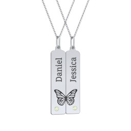 Engravable Butterfly Bar Necklace Set with Birthstones in 925 Sterling Silver with Peridot