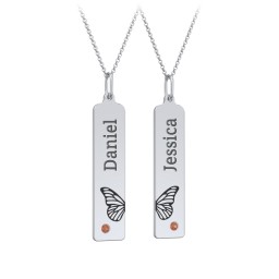 Engravable Butterfly Bar Necklace Set with Birthstones in 925 Sterling Silver with Garnet