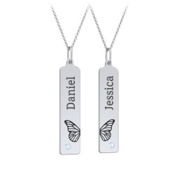 Engravable Butterfly Bar Necklace Set with Birthstones in 925 Sterling Silver with Blue Topaz