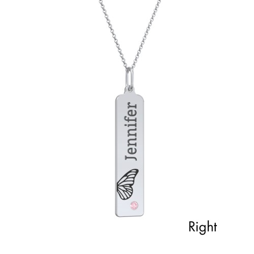 Engravable Butterfly Bar Necklace Set with Birthstones – Sterling Silver with Pink Tourmaline