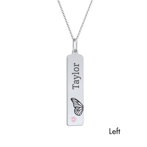 Engravable Butterfly Bar Necklace Set with Birthstones – Sterling Silver with Pink Tourmaline