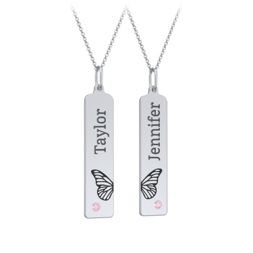 Engravable Butterfly Bar Necklace Set with Birthstones – Sterling Silver with Pink Tourmaline