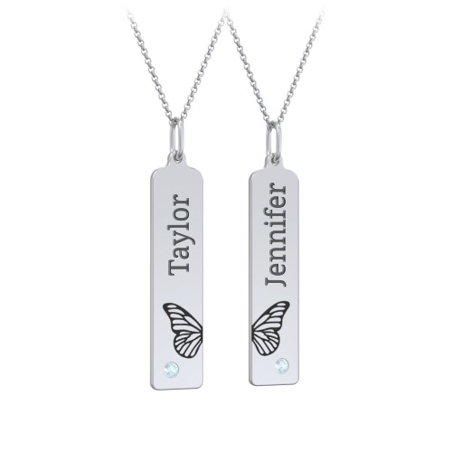 Engravable Butterfly Bar Necklace Set with Birthstones