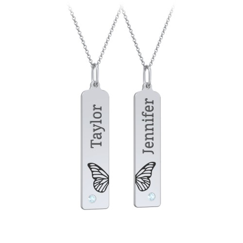 Engravable Butterfly Bar Necklace Set with Birthstones – Sterling Silver with Blue Topaz