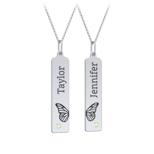 Engravable Butterfly Bar Necklace Set with Birthstones – Sterling Silver with Peridot