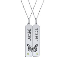 Engravable Butterfly Bar Necklace Set with Birthstones in 925 Sterling Silver with Peridot