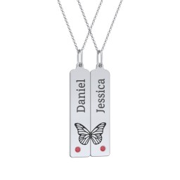 Engravable Butterfly Bar Necklace Set with Birthstones in 925 Sterling Silver with Garnet