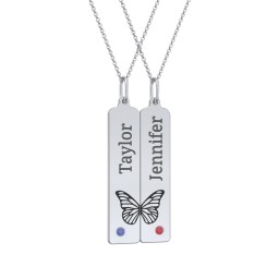 Engravable Butterfly Bar Necklace Set with Birthstones in 925 Sterling Silver with Blue Sapphire and Garnet