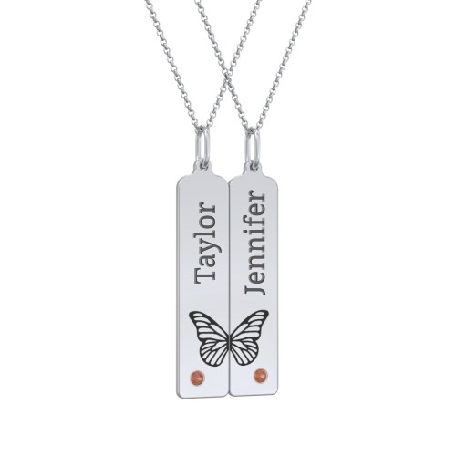 Engravable Butterfly Bar Necklace Set with Birthstones – Sterling Silver with Garnet