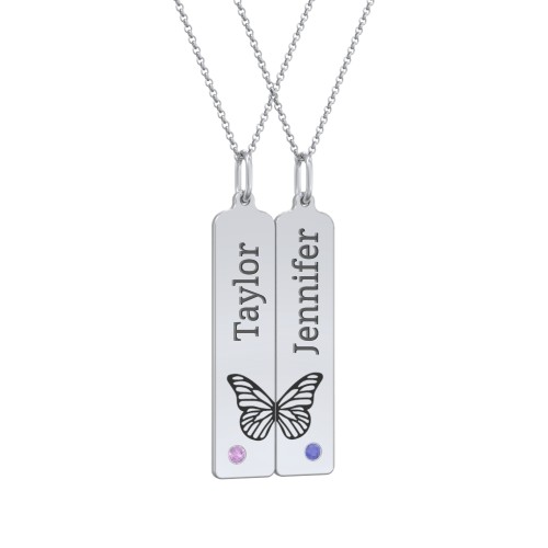 Engravable Butterfly Bar Necklace Set with Birthstones – Sterling Silver with Amethyst and Blue Sapphire