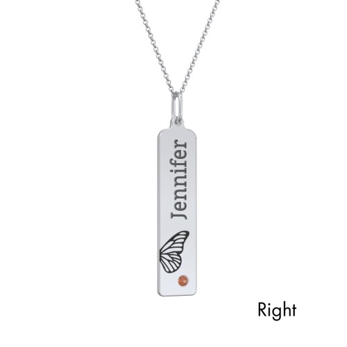 Engravable Butterfly Bar Necklace Set with Birthstones – Sterling Silver with Garnet