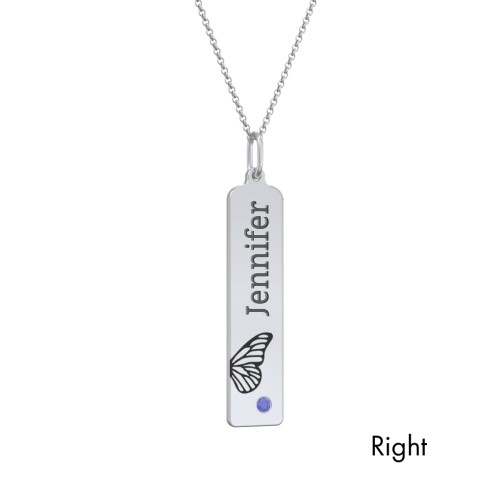 Engravable Butterfly Bar Necklace Set with Birthstones – Sterling Silver with Amethyst and Blue Sapphire