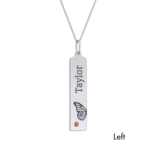 Engravable Butterfly Bar Necklace Set with Birthstones – Sterling Silver with Garnet