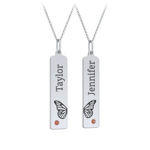 Engravable Butterfly Bar Necklace Set with Birthstones – Sterling Silver with Garnet