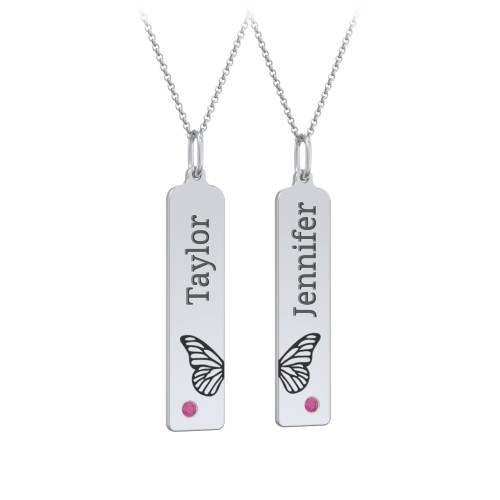 Engravable Butterfly Bar Necklace Set with Birthstones – Sterling Silver with Ruby