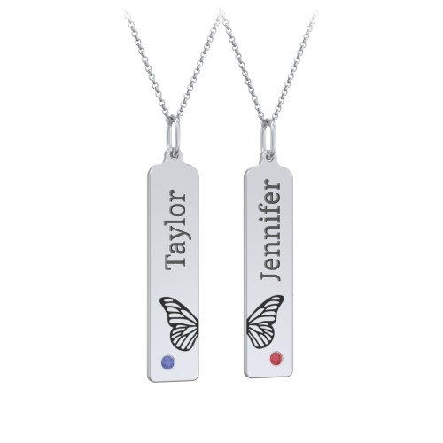 Engravable Butterfly Bar Necklace Set with Birthstones – Sterling Silver with Blue Sapphire and Garnet