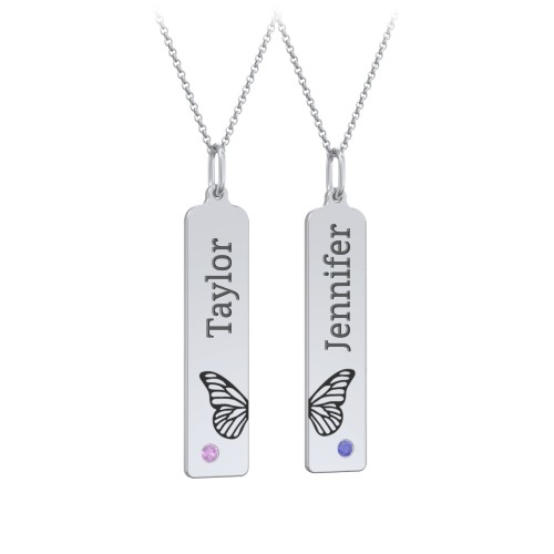 Engravable Butterfly Bar Necklace Set with Birthstones – Sterling Silver with Amethyst and Blue Sapphire