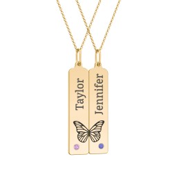 Engravable Butterfly Bar Necklace Set with Birthstones in 10K Solid Yellow Gold