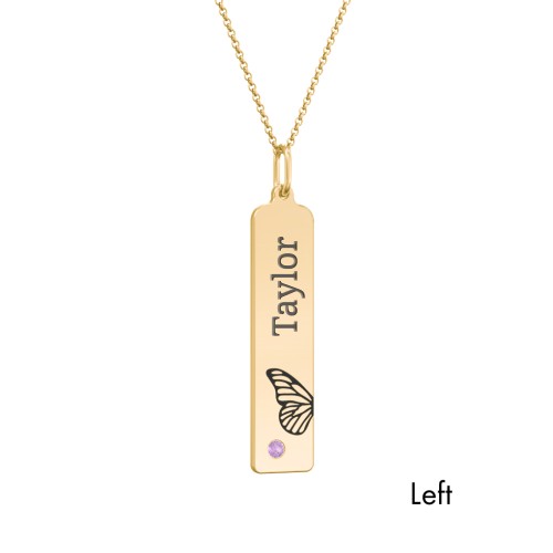 Engravable Butterfly Bar Necklace Set with Birthstones – 10K Yellow Gold with Amethyst and Blue Sapphire