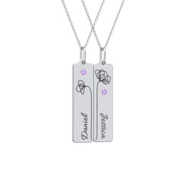 Engravable Floral Bar Necklace Set with Birthstones in 925 Sterling Silver with Amethyst
