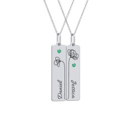 Engravable Floral Bar Necklace Set with Birthstones in 925 Sterling Silver with Emerald