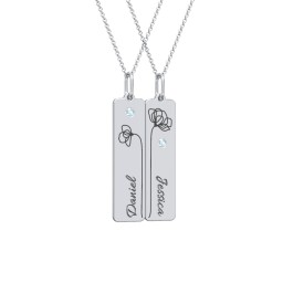 Engravable Floral Bar Necklace Set with Birthstones in 925 Sterling Silver with Blue Topaz