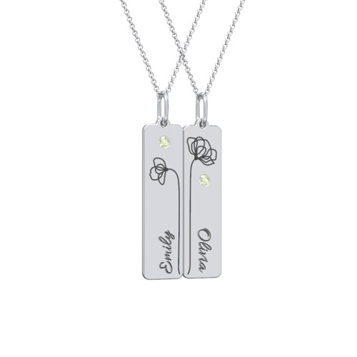 Engravable Floral Bar Necklace Set with Birthstones – Sterling Silver with Peridot