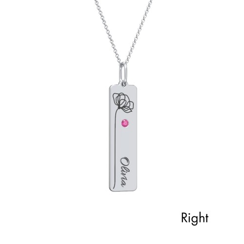 Engravable Floral Bar Necklace Set with Birthstones – Sterling Silver with Ruby