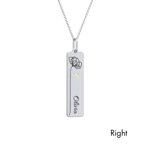 Engravable Floral Bar Necklace Set with Birthstones – Sterling Silver with Peridot