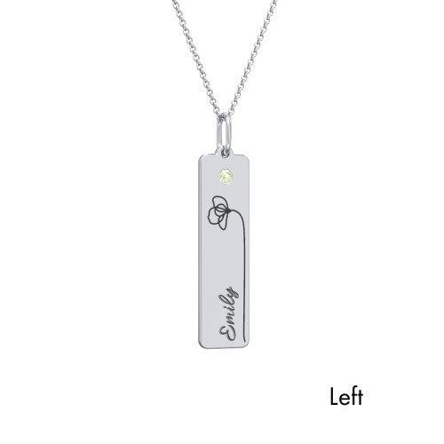 Engravable Floral Bar Necklace Set with Birthstones – Sterling Silver with Peridot