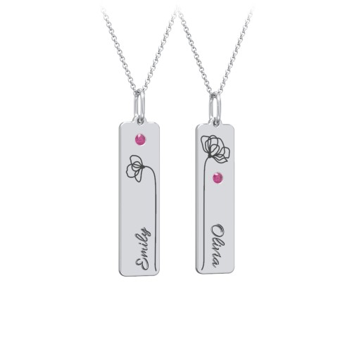 Engravable Floral Bar Necklace Set with Birthstones – Sterling Silver with Ruby