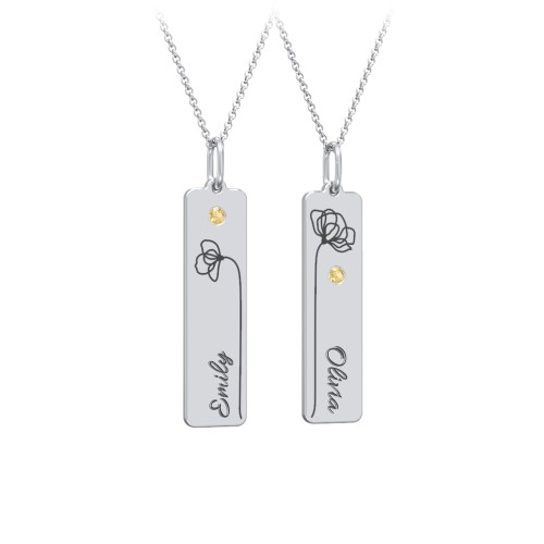 10K White Gold Engravable Floral Bar Necklace Set with Birthstones