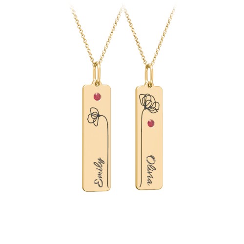 Engravable Floral Bar Necklace Set with Birthstones