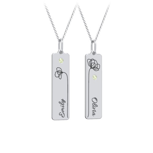 Engravable Floral Bar Necklace Set with Birthstones – Sterling Silver with Peridot