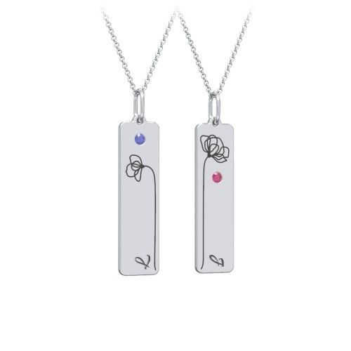 Engravable Floral Bar Necklace Set with Birthstones