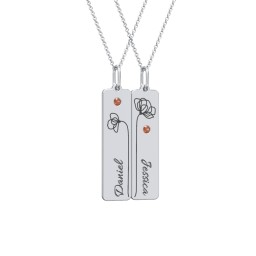 Engravable Floral Bar Necklace Set with Birthstones in 925 Sterling Silver with Garnet