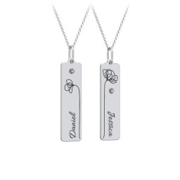 Engravable Floral Bar Necklace Set with Birthstones in 925 Sterling Silver with Smokey Quartz