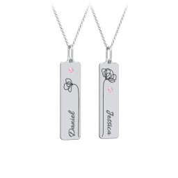 Engravable Floral Bar Necklace Set with Birthstones in 925 Sterling Silver with Pink Tourmaline