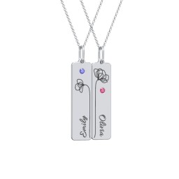 Engravable Floral Bar Necklace Set with Birthstones in 925 Sterling Silver
