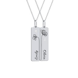Engravable Floral Bar Necklace Set with Birthstones in 925 Sterling Silver with Diamond
