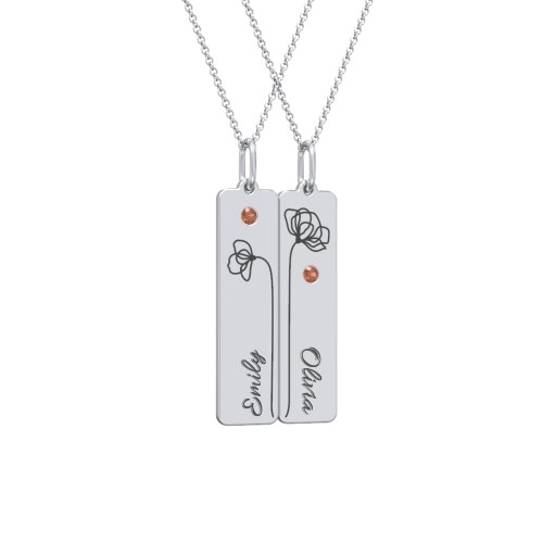 Engravable Floral Bar Necklace Set with Birthstones – Sterling Silver with Garnet