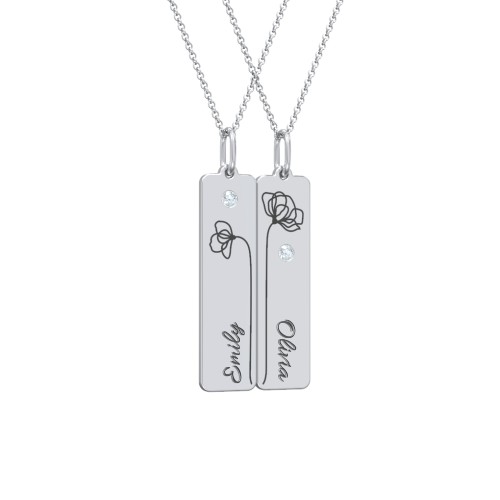 Engravable Floral Bar Necklace Set with Birthstones – Sterling Silver with Aquamarine